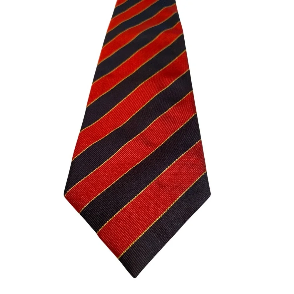 Lands End Mens Long Silk Tie Navy Blue Red Gold Regimental Stripe Handsewn USA